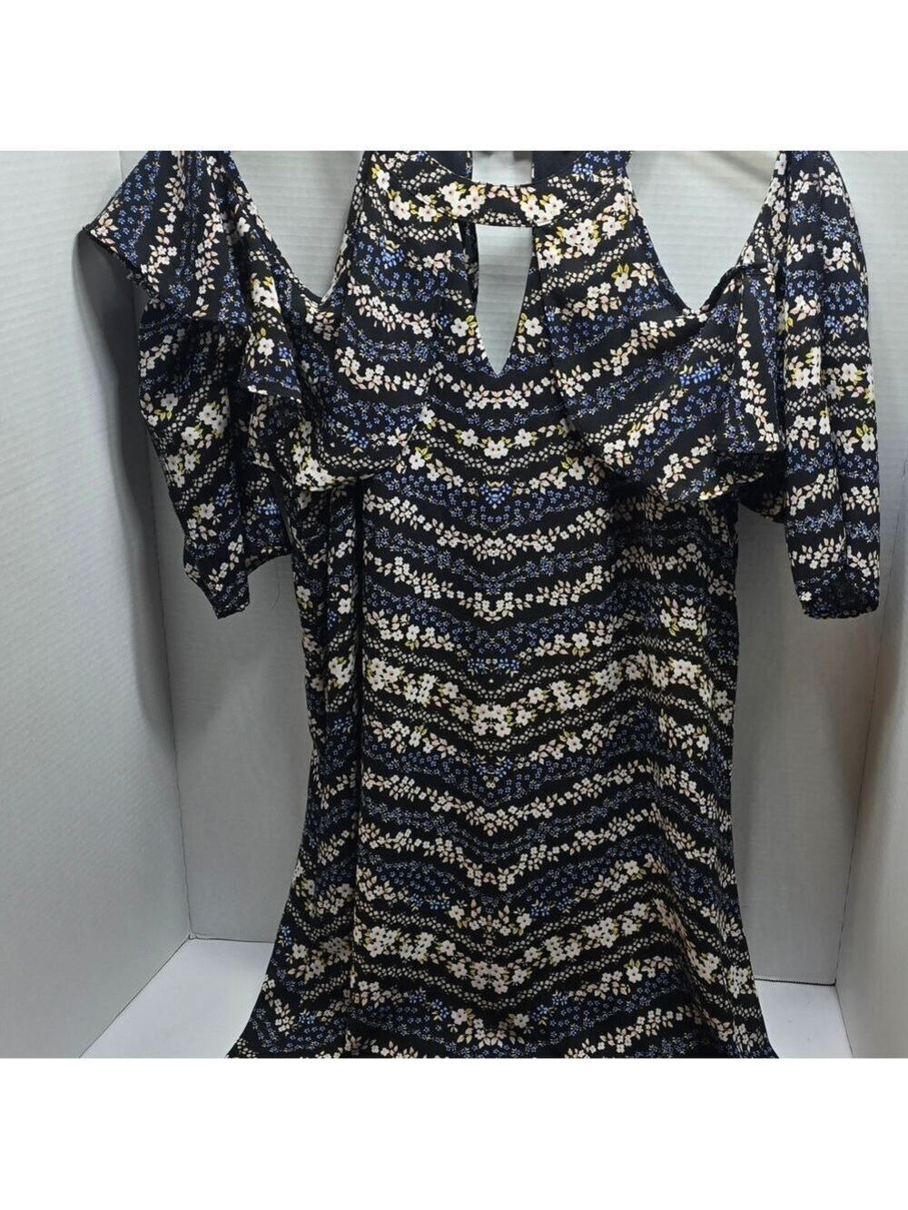 Candie's Floral Cold Shoulder Blouse - Navy and White